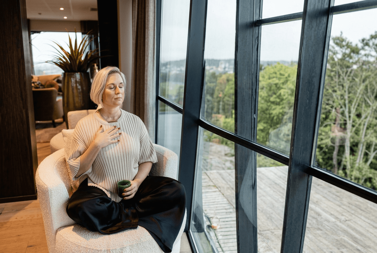 Amanda Randau sitter i fåtölj med handen mot hjärtat – Motståndskraft